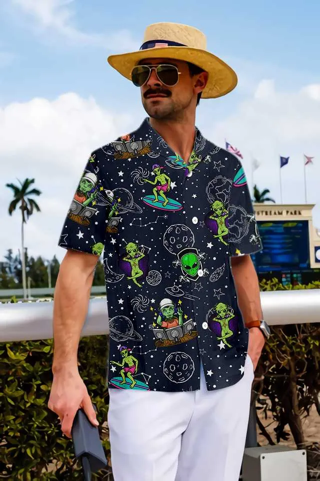 Aliens Night Sky Hawaiian Shirt, Planet Aloha Shirt For Men And Women, Perfect Gift For Friends, Husband, Boyfriend, Wife, Girlfriend, Family