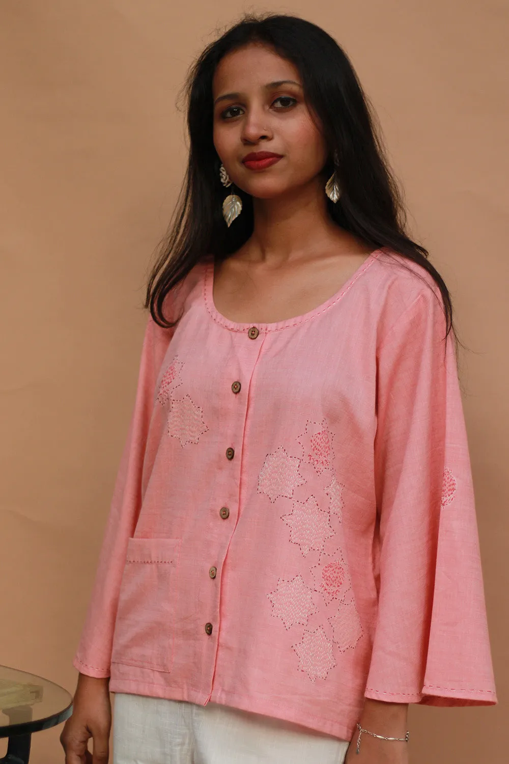Ambrai |  Embroidered Cotton Shirt | Peach