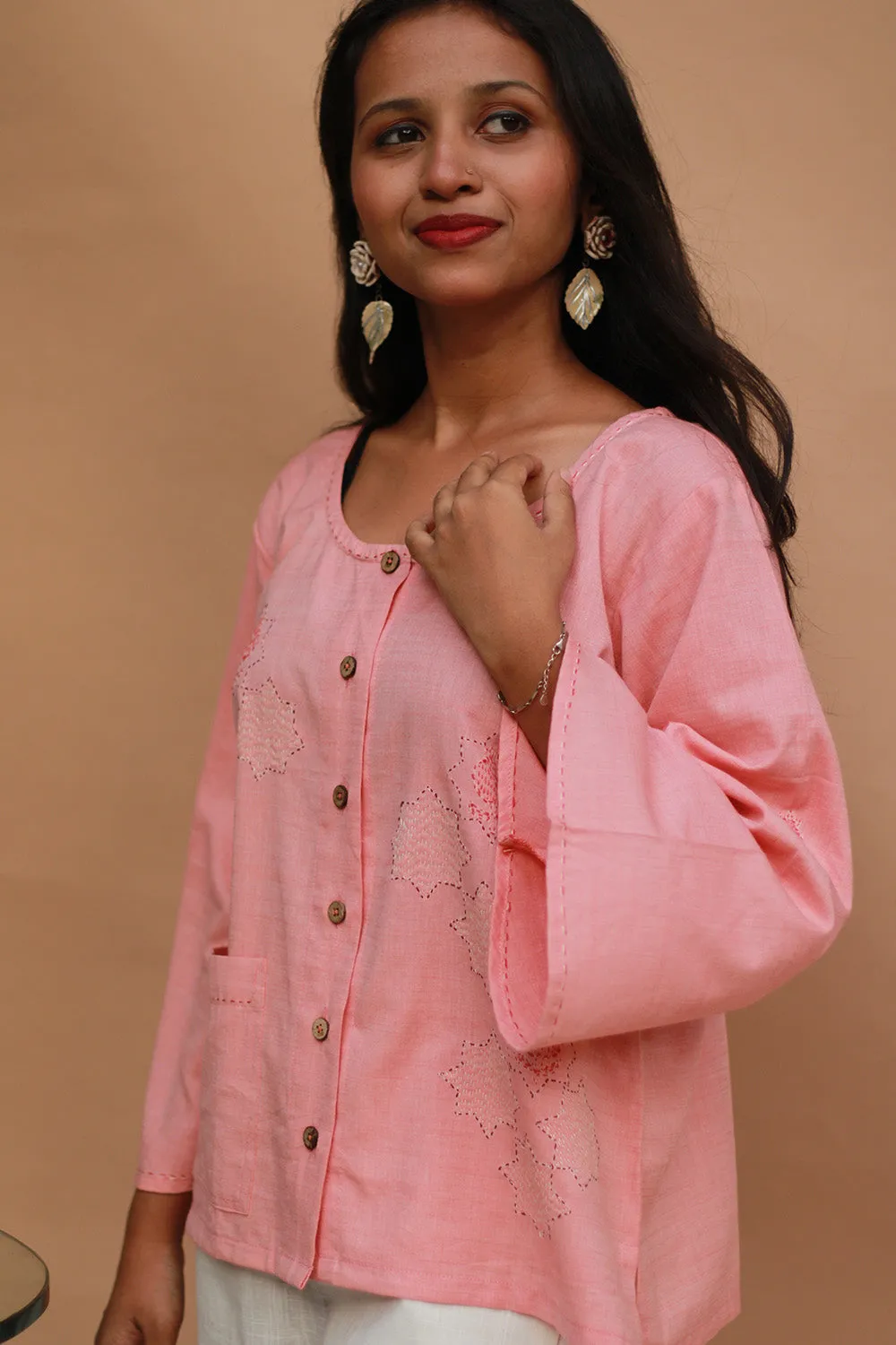 Ambrai |  Embroidered Cotton Shirt | Peach