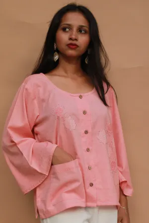 Ambrai |  Embroidered Cotton Shirt | Peach