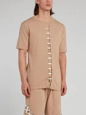 Beige Straight String Panel T-Shirt