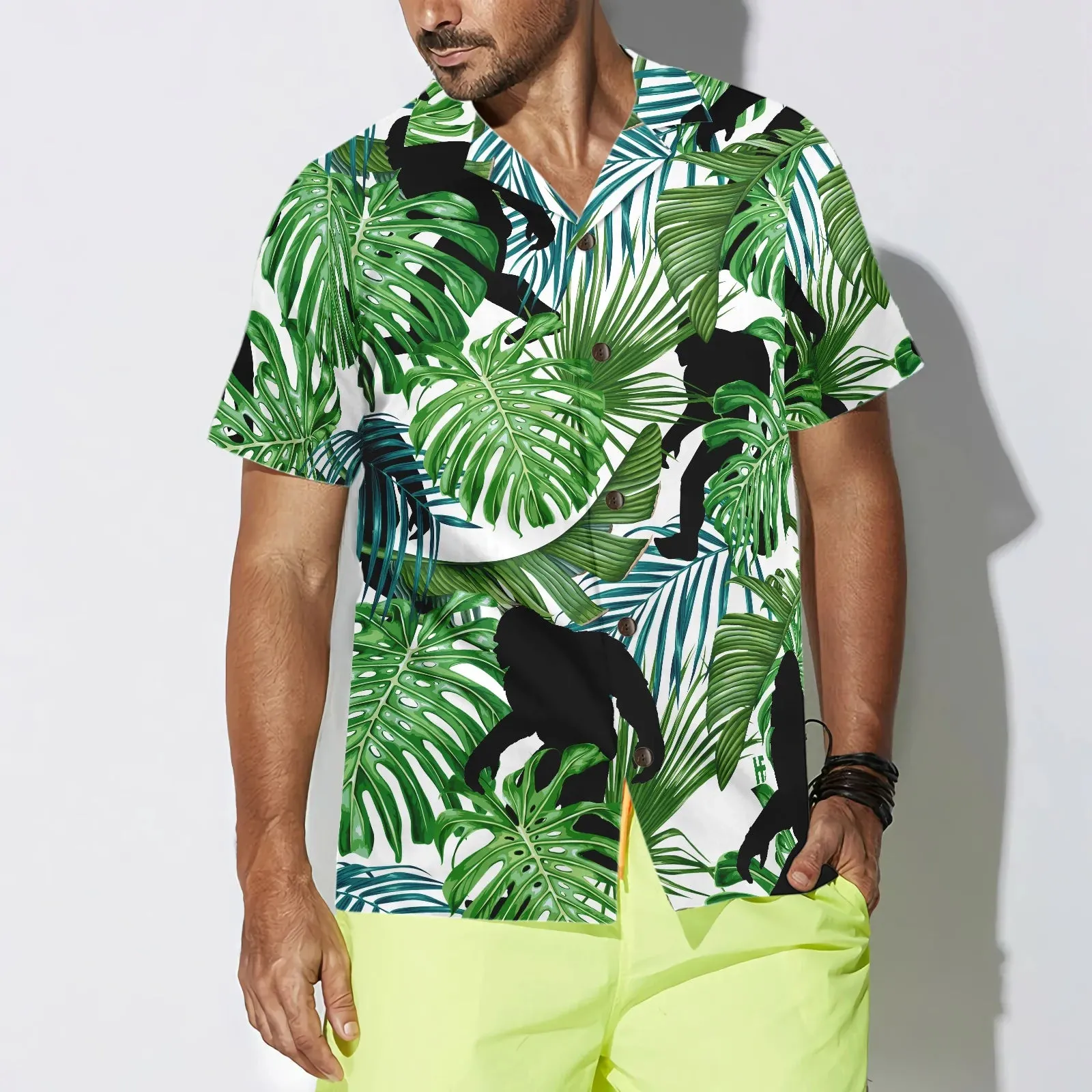 Bigfoot Tropical Seamless Pattern Hawaiian Shirt, Aloha Tropical Seamless Shirt, Perfect Gift For Tropical Lovers, Friends, Husband, Boyfriend, Family, Bigfoot Tropical Hawaiian Shirt For Men And Women