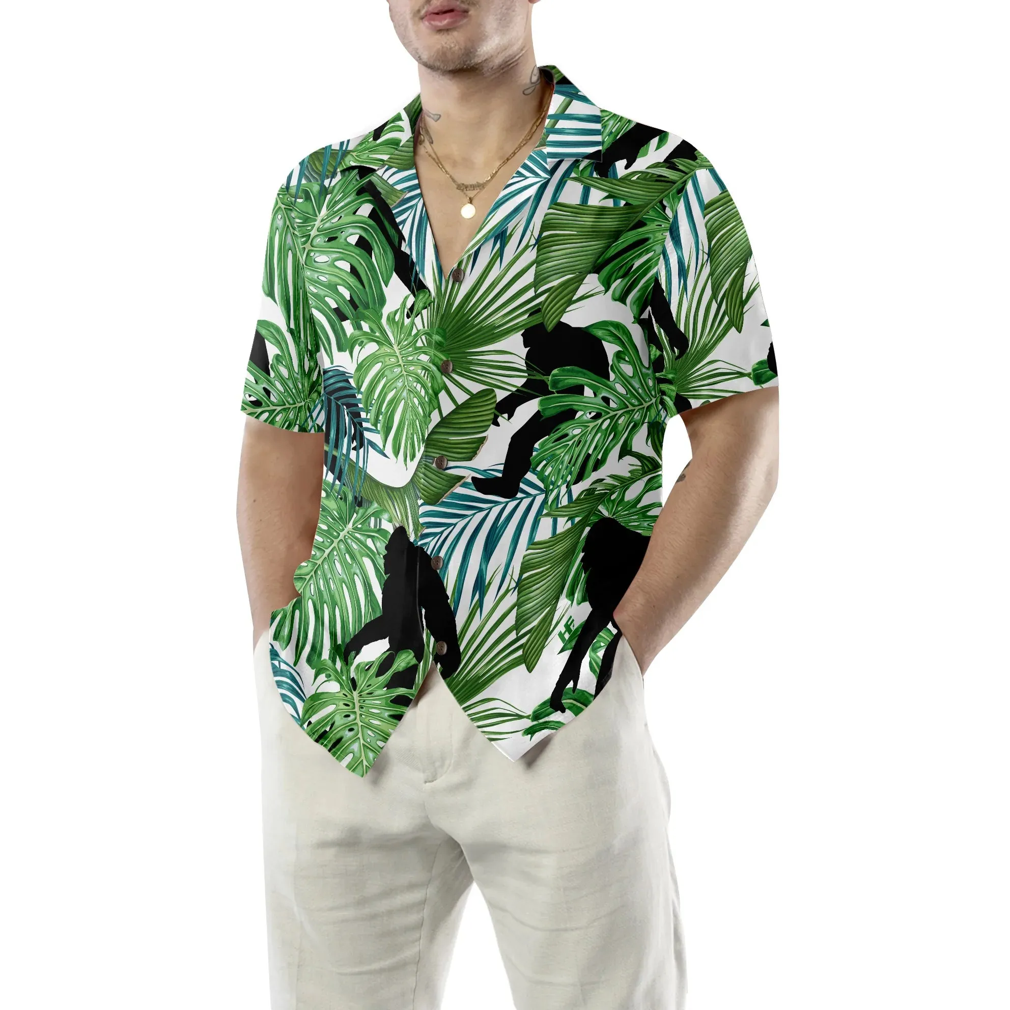 Bigfoot Tropical Seamless Pattern Hawaiian Shirt, Aloha Tropical Seamless Shirt, Perfect Gift For Tropical Lovers, Friends, Husband, Boyfriend, Family, Bigfoot Tropical Hawaiian Shirt For Men And Women