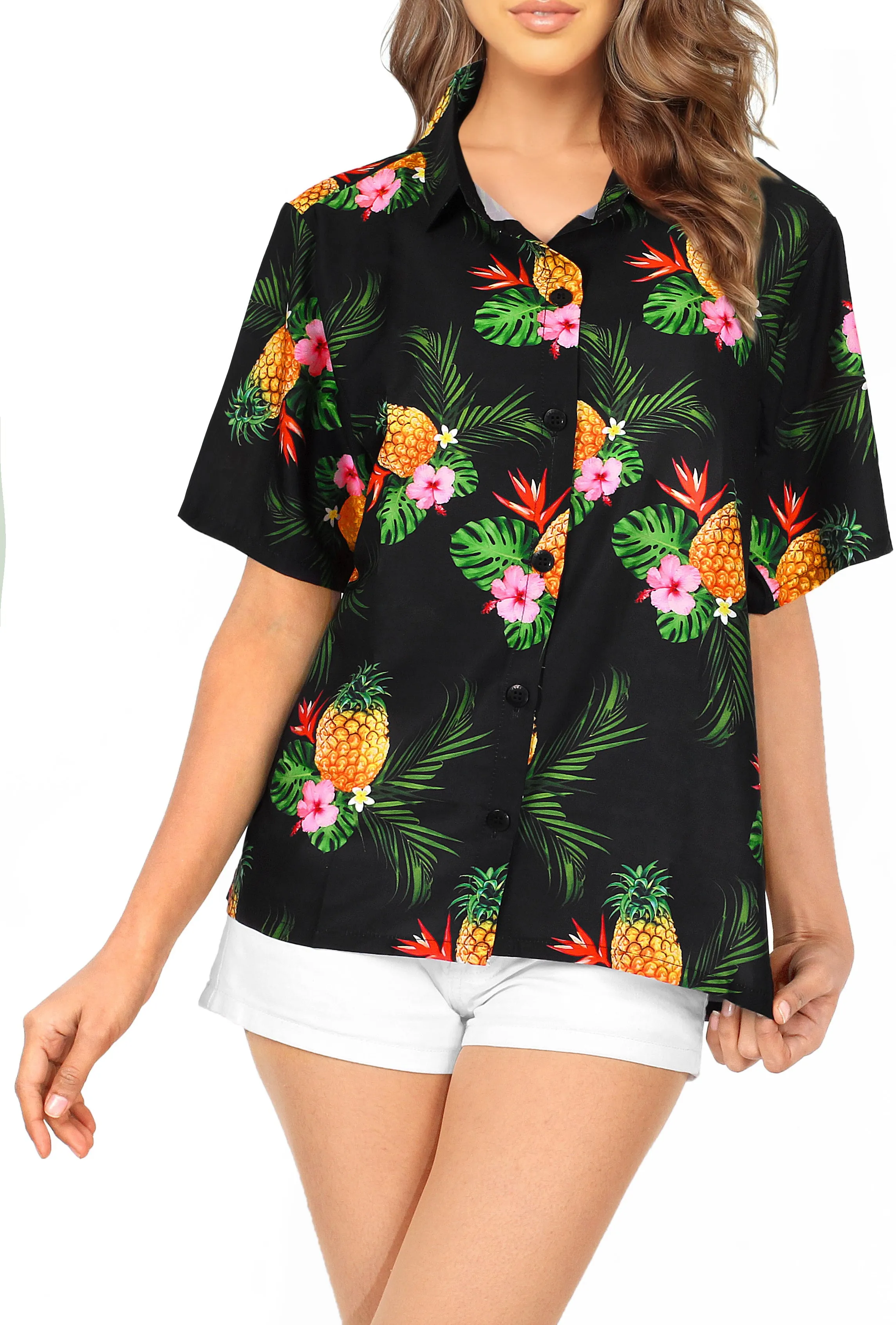 Black Pineapple and Floral Print Hawaiian Shirts for Women