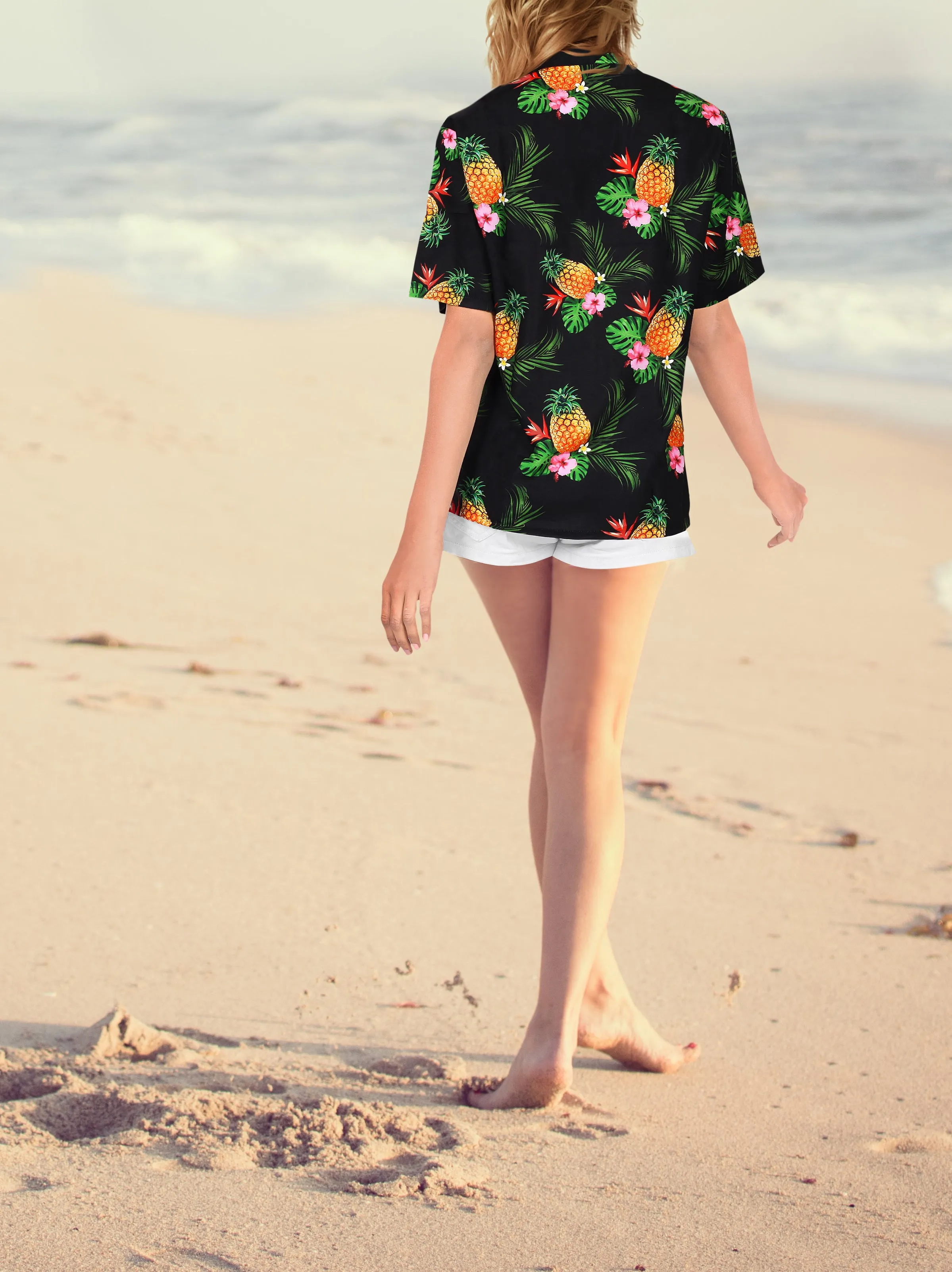 Black Pineapple and Floral Print Hawaiian Shirts for Women