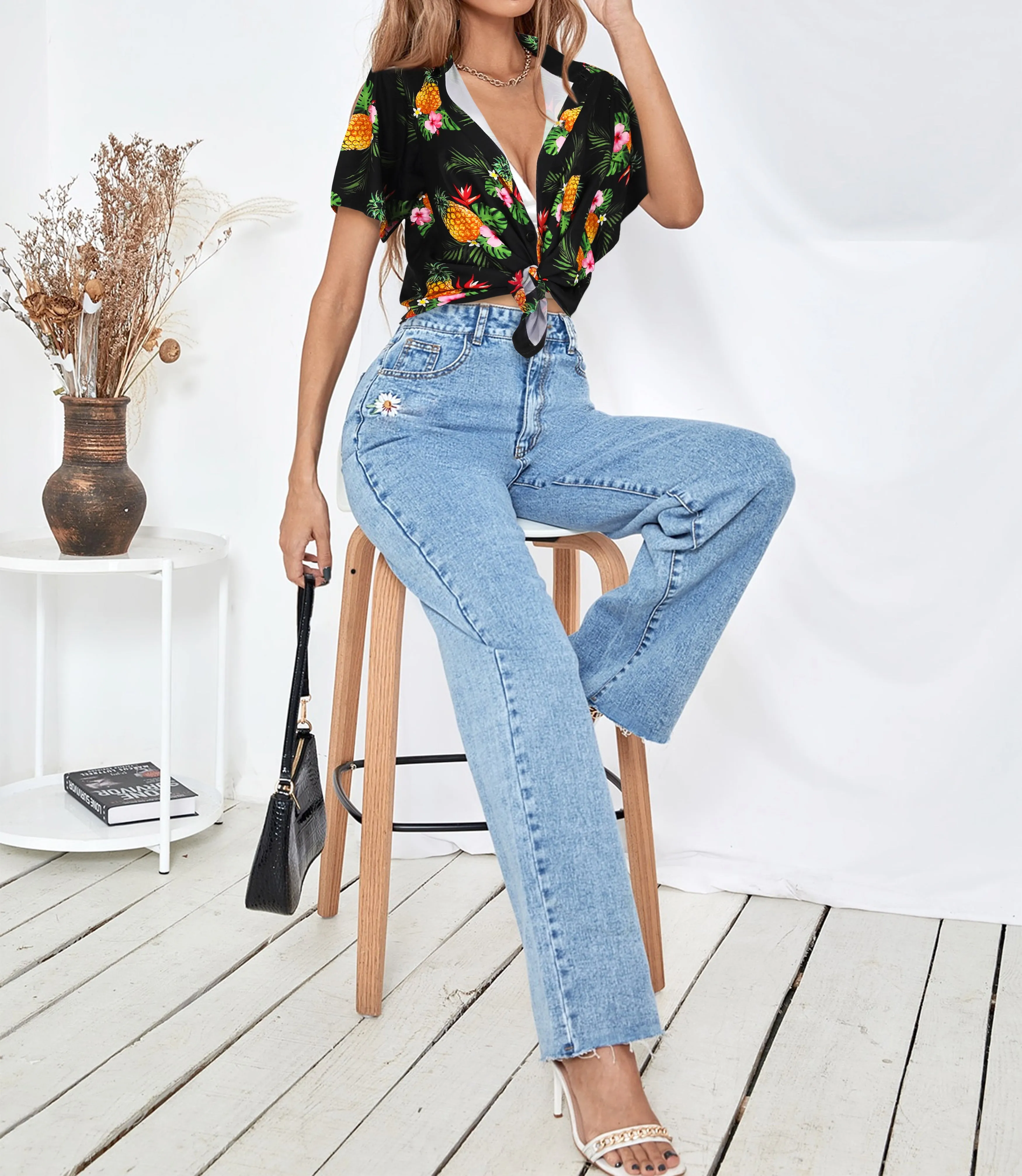 Black Pineapple and Floral Print Hawaiian Shirts for Women