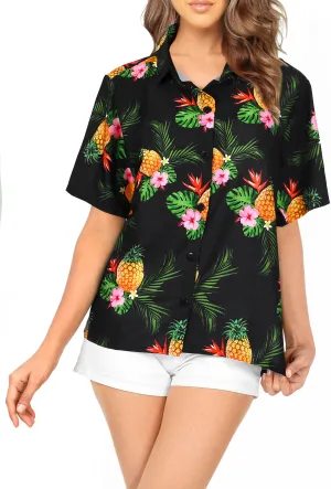Black Pineapple and Floral Print Hawaiian Shirts for Women