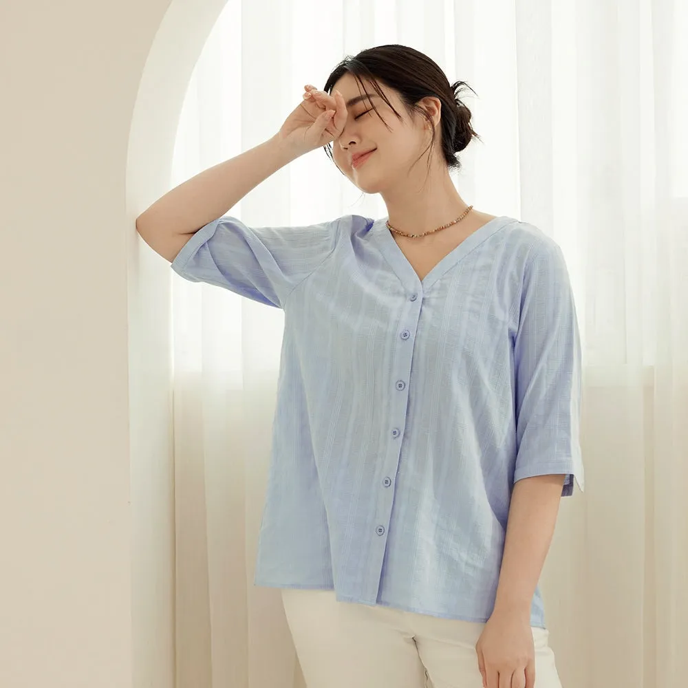 Casual Loose Plaid Cotton V-Neck Button Shirt Top
