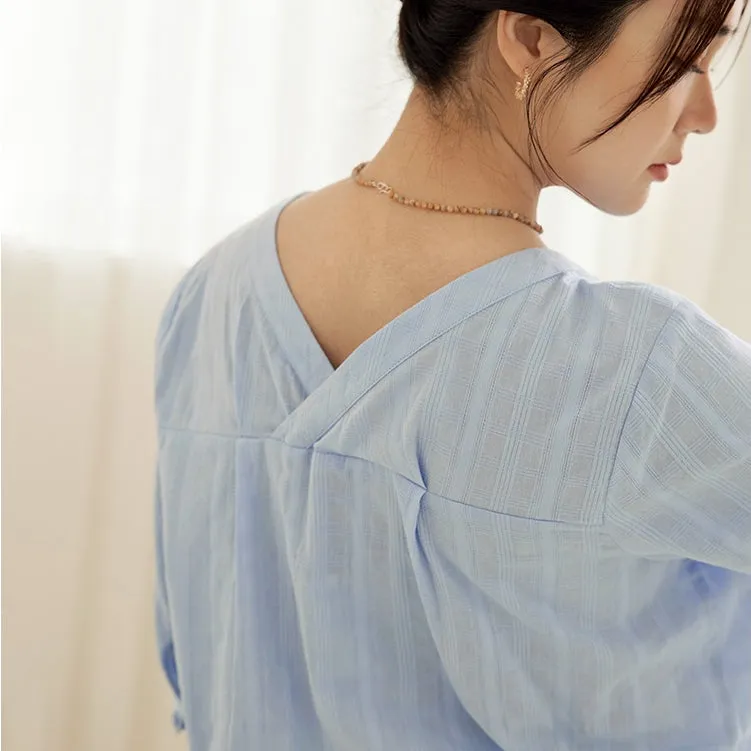 Casual Loose Plaid Cotton V-Neck Button Shirt Top