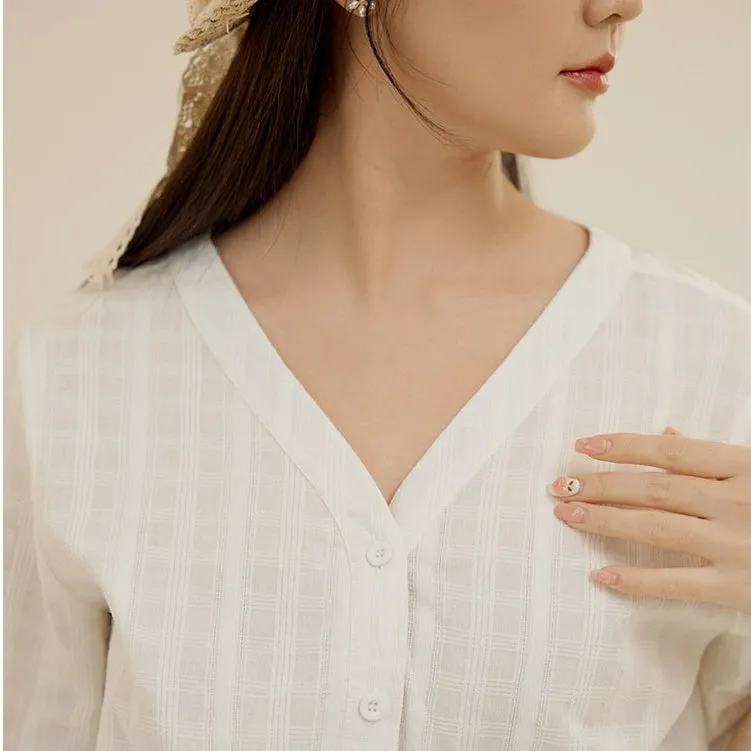 Casual Loose Plaid Cotton V-Neck Button Shirt Top