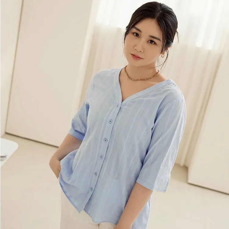 Casual Loose Plaid Cotton V-Neck Button Shirt Top