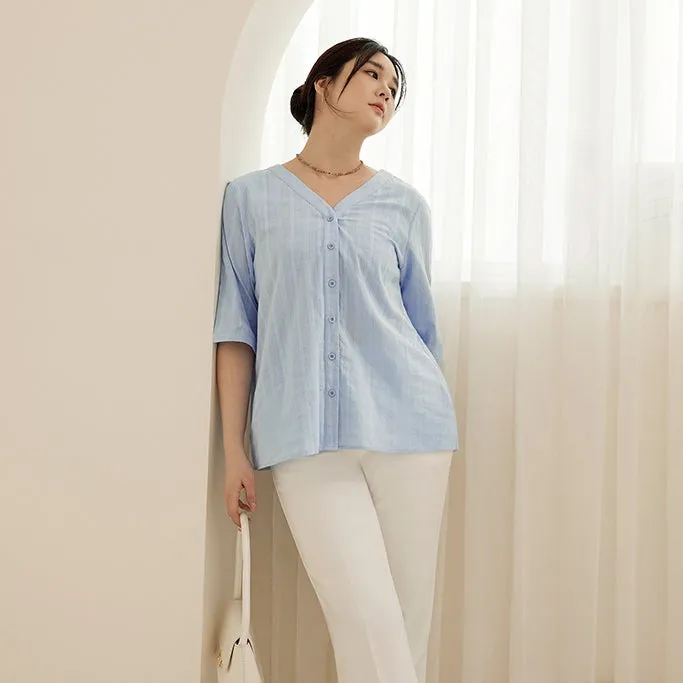Casual Loose Plaid Cotton V-Neck Button Shirt Top