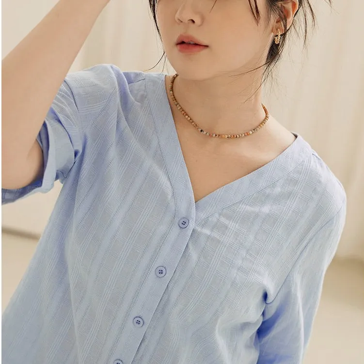 Casual Loose Plaid Cotton V-Neck Button Shirt Top