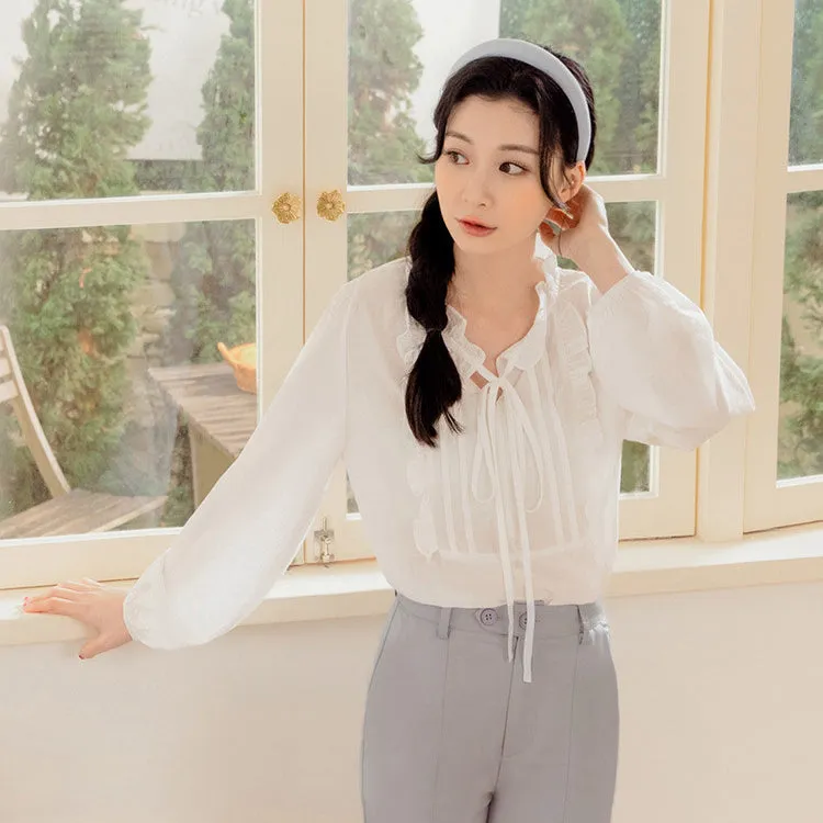 Casual Ruffle Collar Long Sleeve Cotton Blouse Top