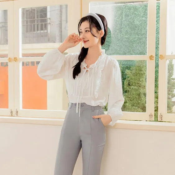 Casual Ruffle Collar Long Sleeve Cotton Blouse Top