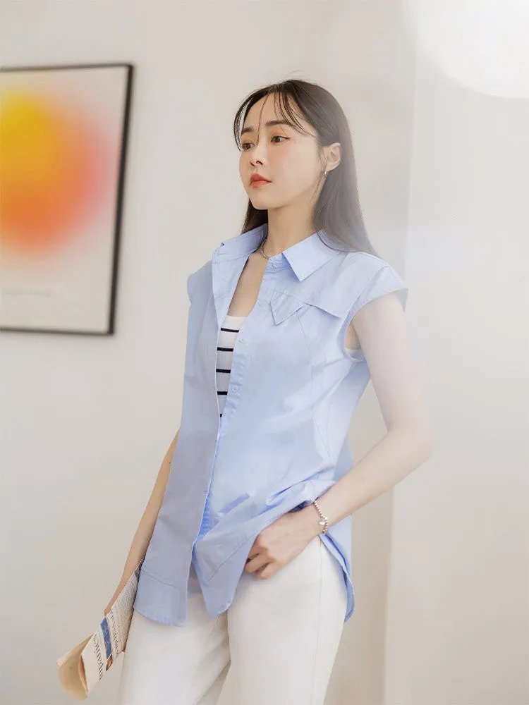 Casual Sleeveless Long Cotton Button Shirt Top