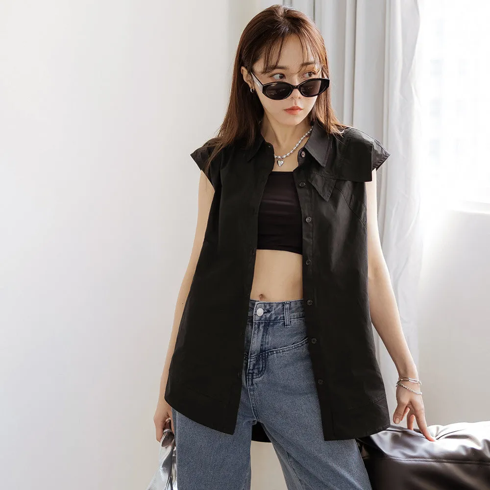 Casual Sleeveless Long Cotton Button Shirt Top