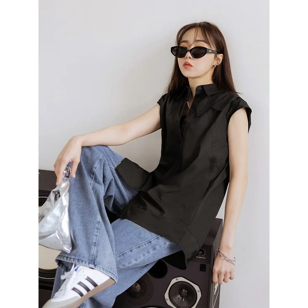 Casual Sleeveless Long Cotton Button Shirt Top