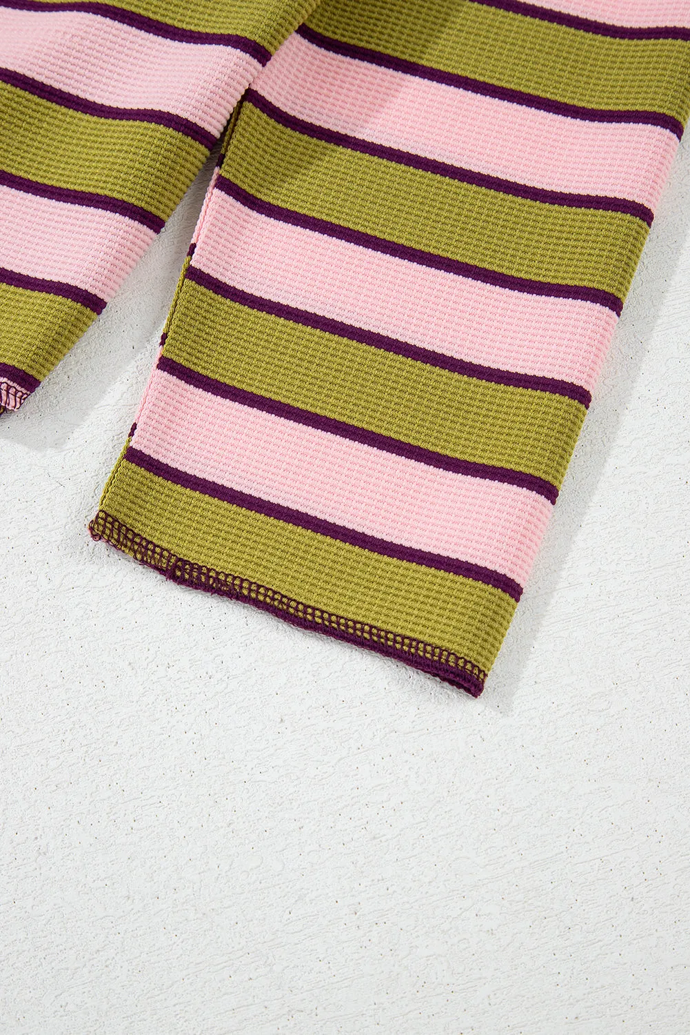 Clashing Stripes Waffle Texture Notched Neck Long Sleeve Top