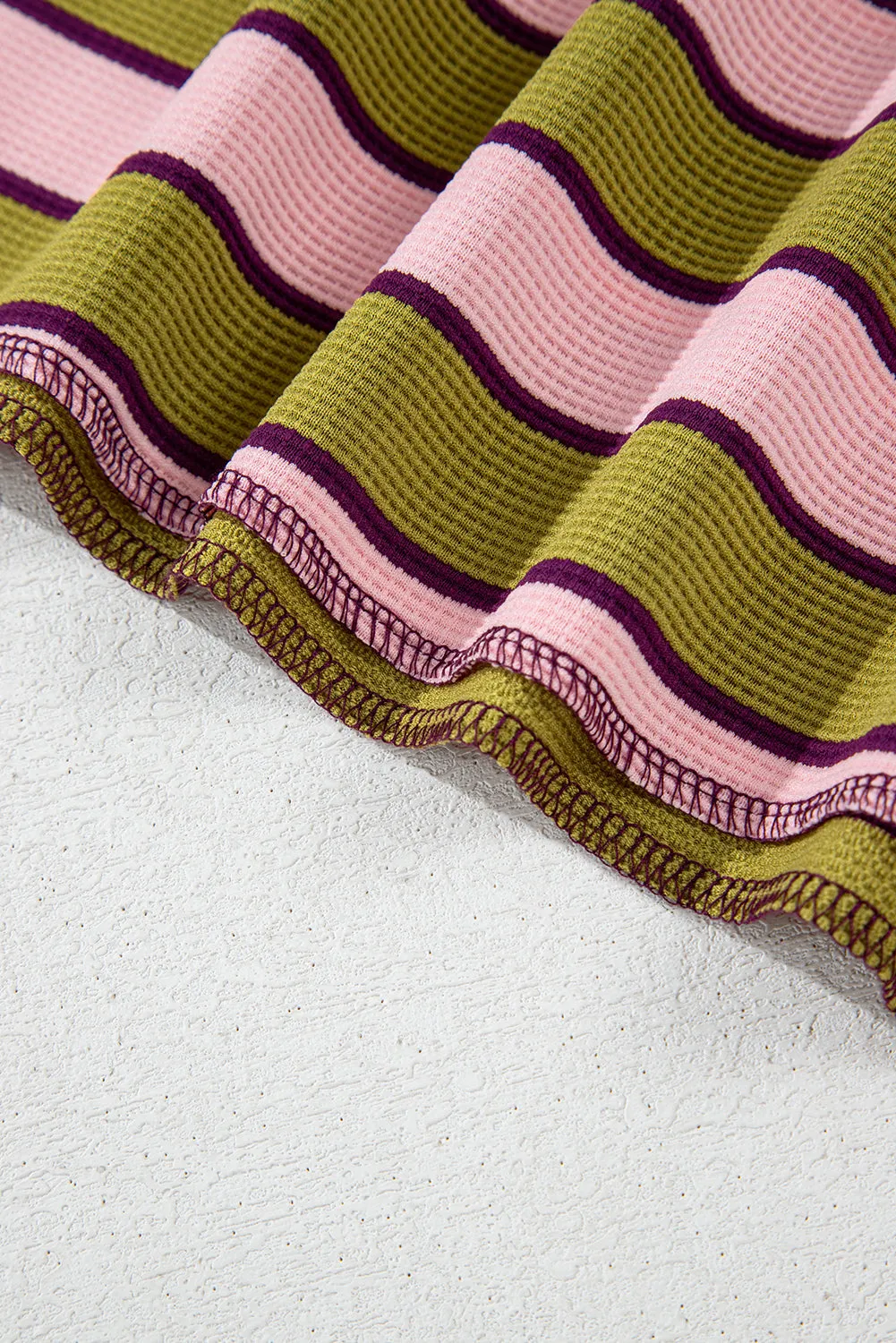 Clashing Stripes Waffle Texture Notched Neck Long Sleeve Top