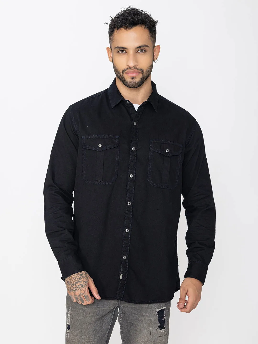 Classic fit black denim shirt double pockets