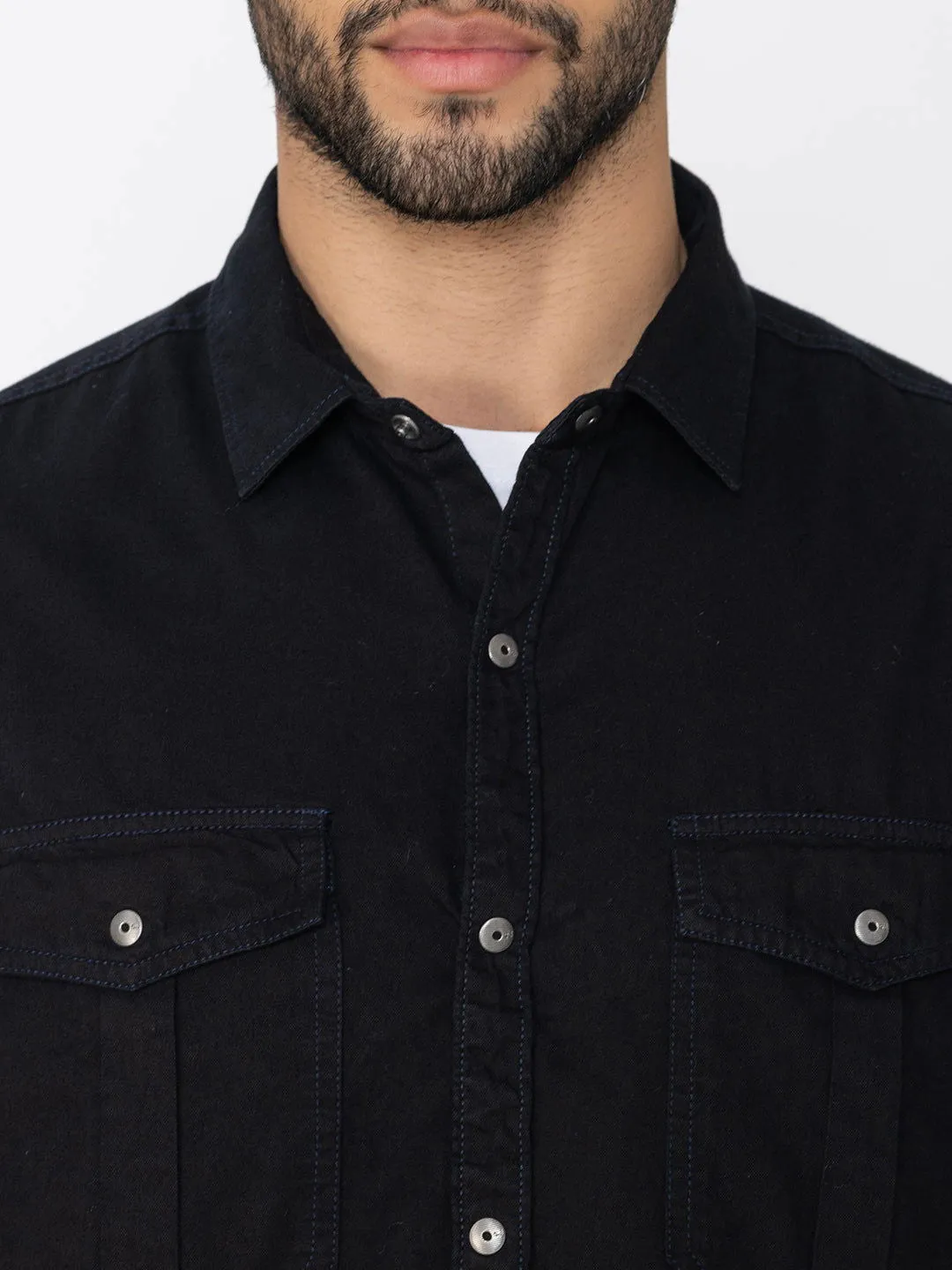 Classic fit black denim shirt double pockets
