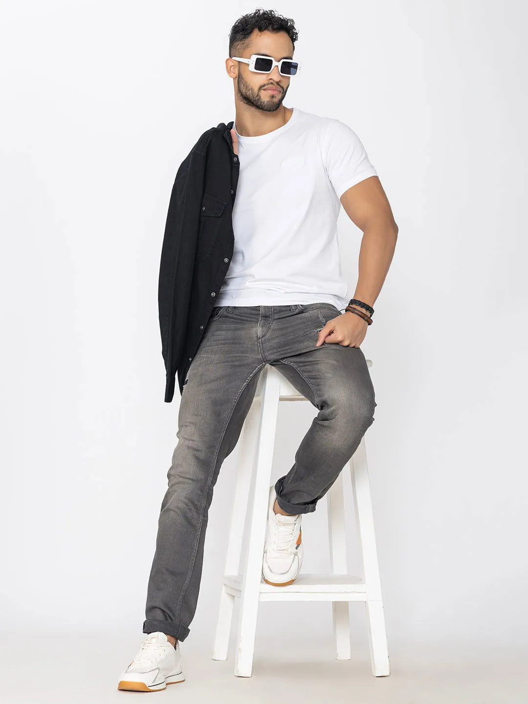 Classic fit black denim shirt double pockets