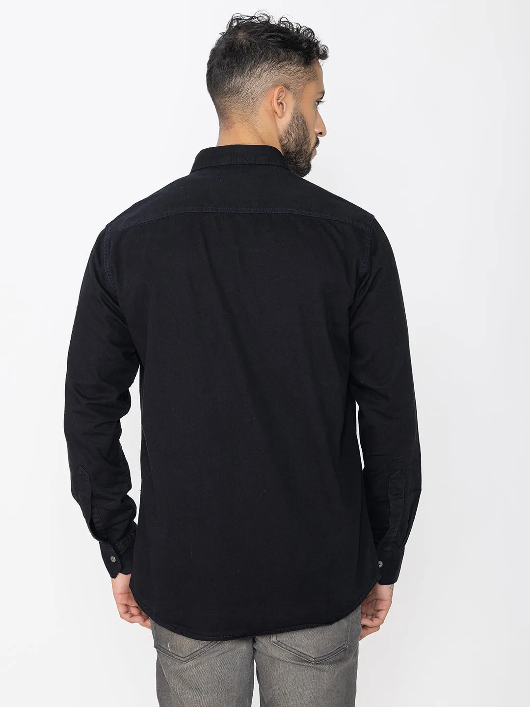 Classic fit black denim shirt double pockets