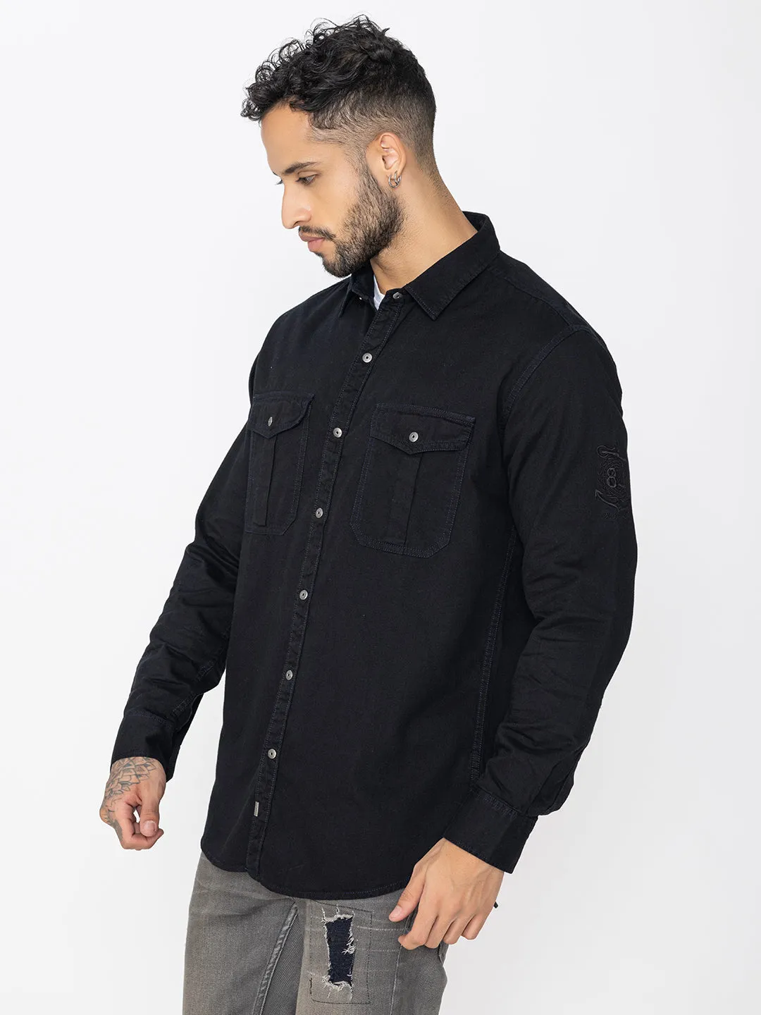 Classic fit black denim shirt double pockets