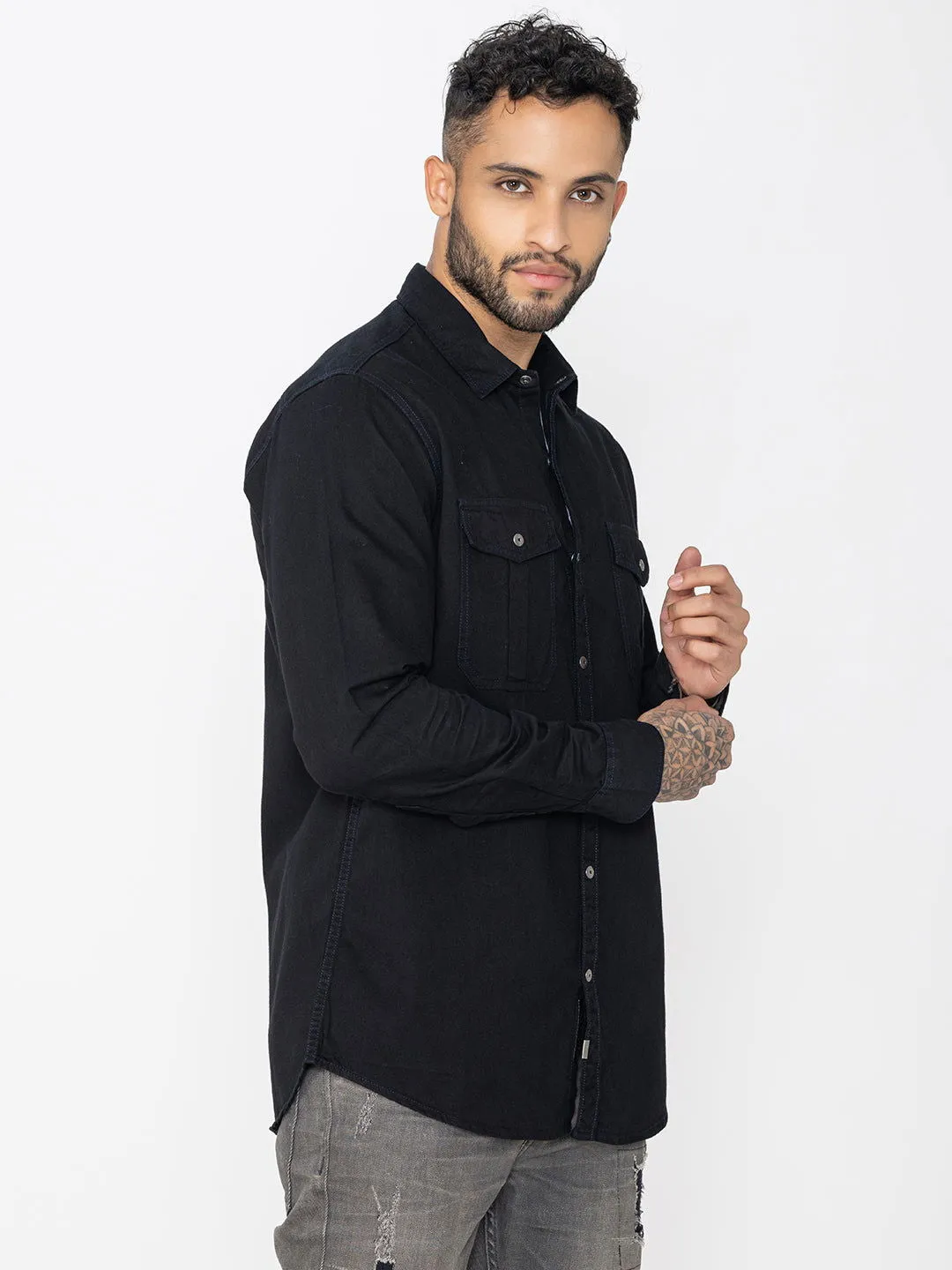 Classic fit black denim shirt double pockets