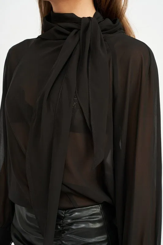 CONTRASTED SHEER TOP WITH SCARF DETAIL