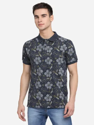 Dark Grey Printed Slim Fit Polo T-Shirt | Greenfibre