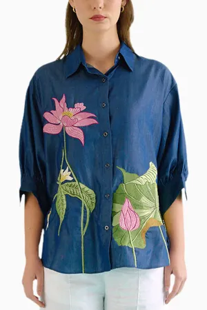 Denim Lotus Oversized Embroidered Shirt
