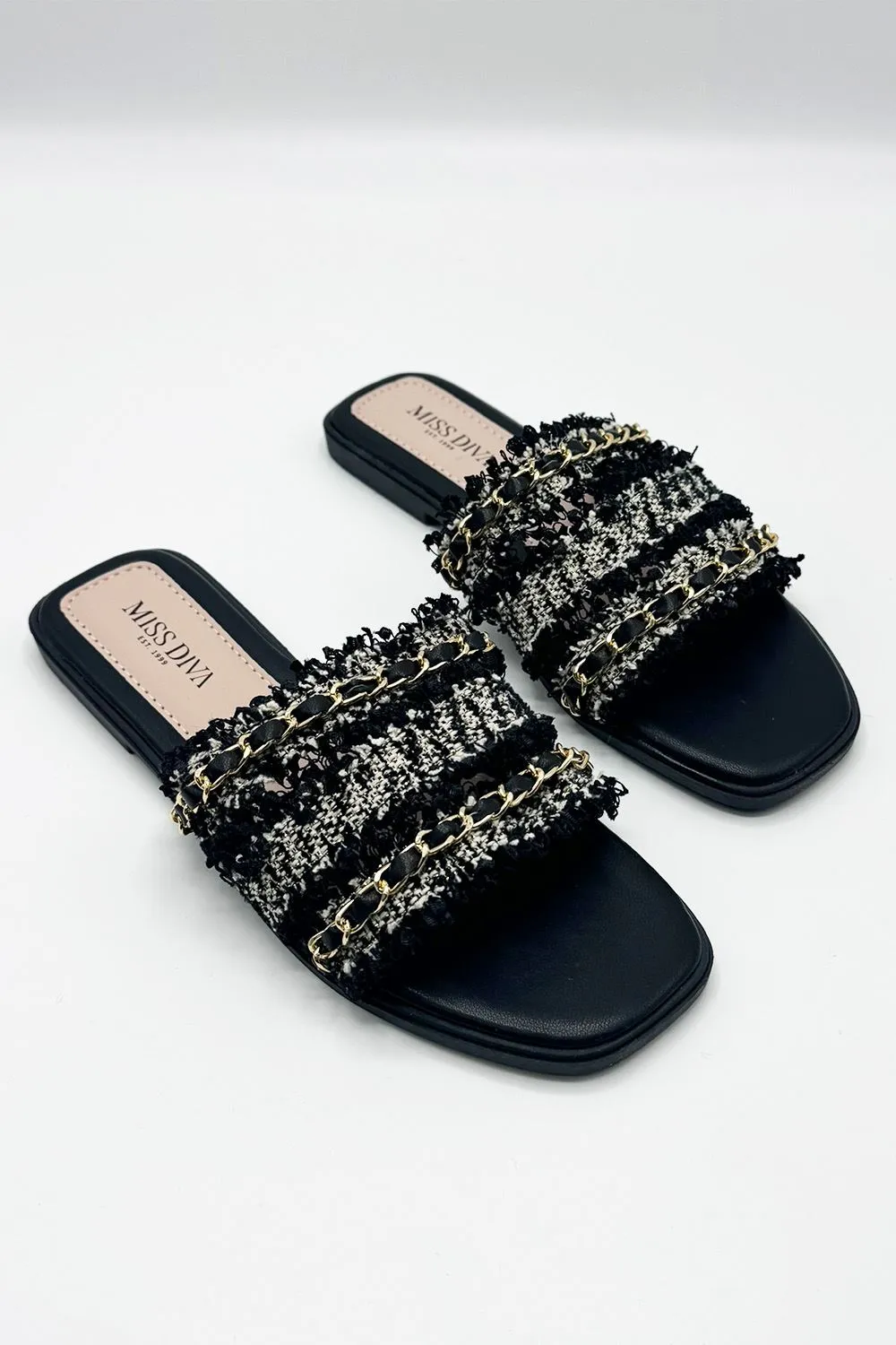 Eloise Tassel Chain Strap Sliders in Black
