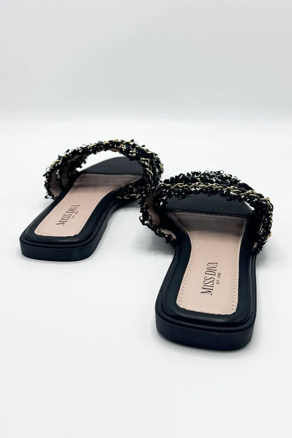 Eloise Tassel Chain Strap Sliders in Black