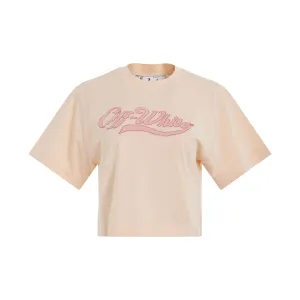 Embroidered Baseball Logo Crop T-Shirt in Nude/Fuchsia