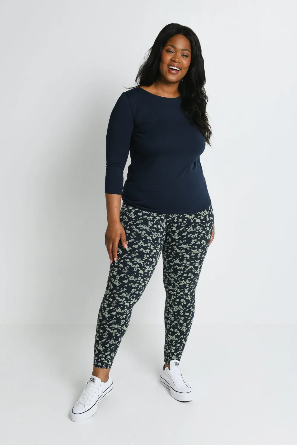 Everyday High Waisted Leggings - Navy/Green Floral