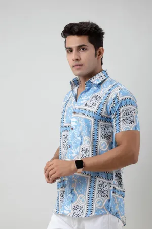 Firangi Yarn Cielo Blue Printed Casual Shirt