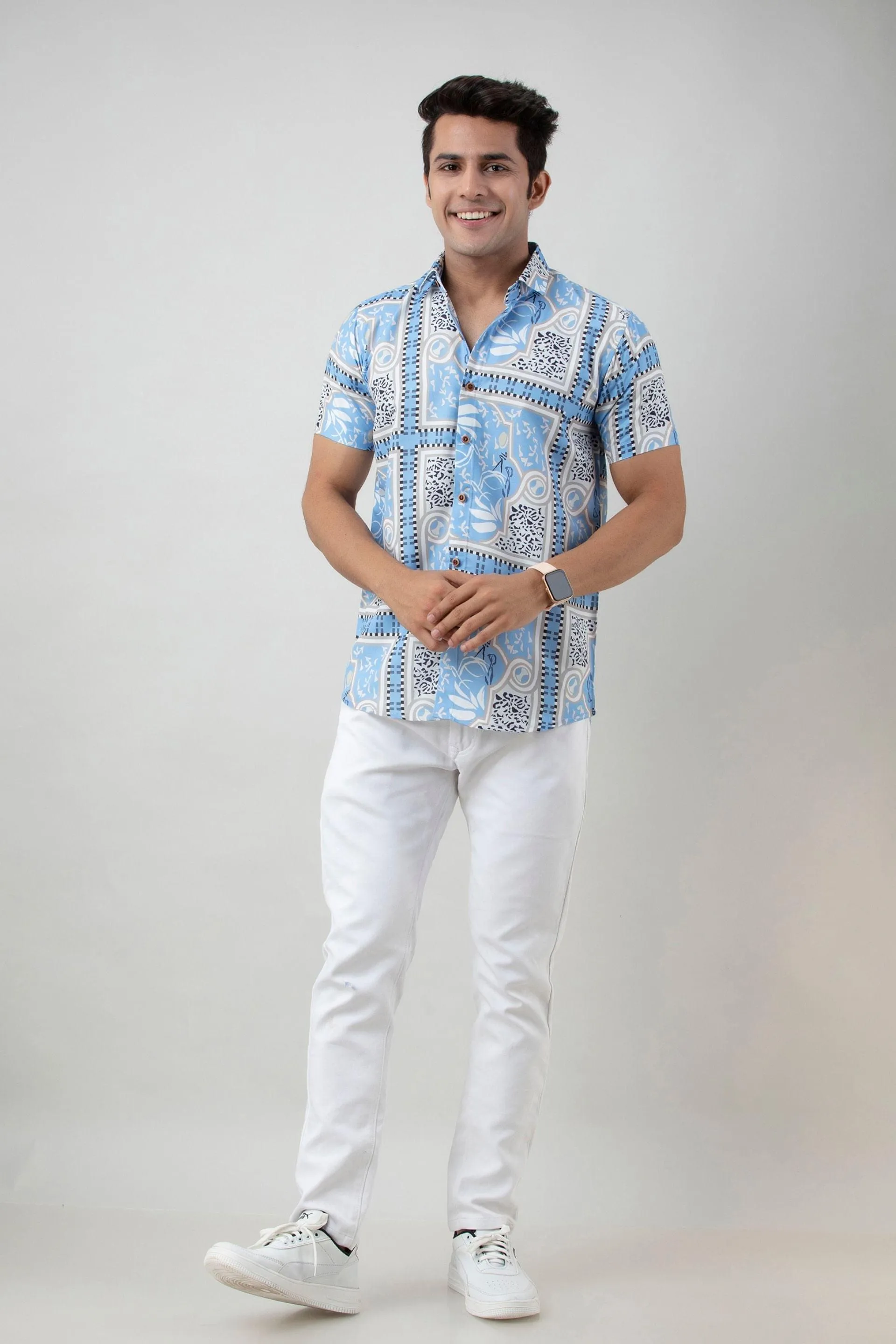 Firangi Yarn Cielo Blue Printed Casual Shirt