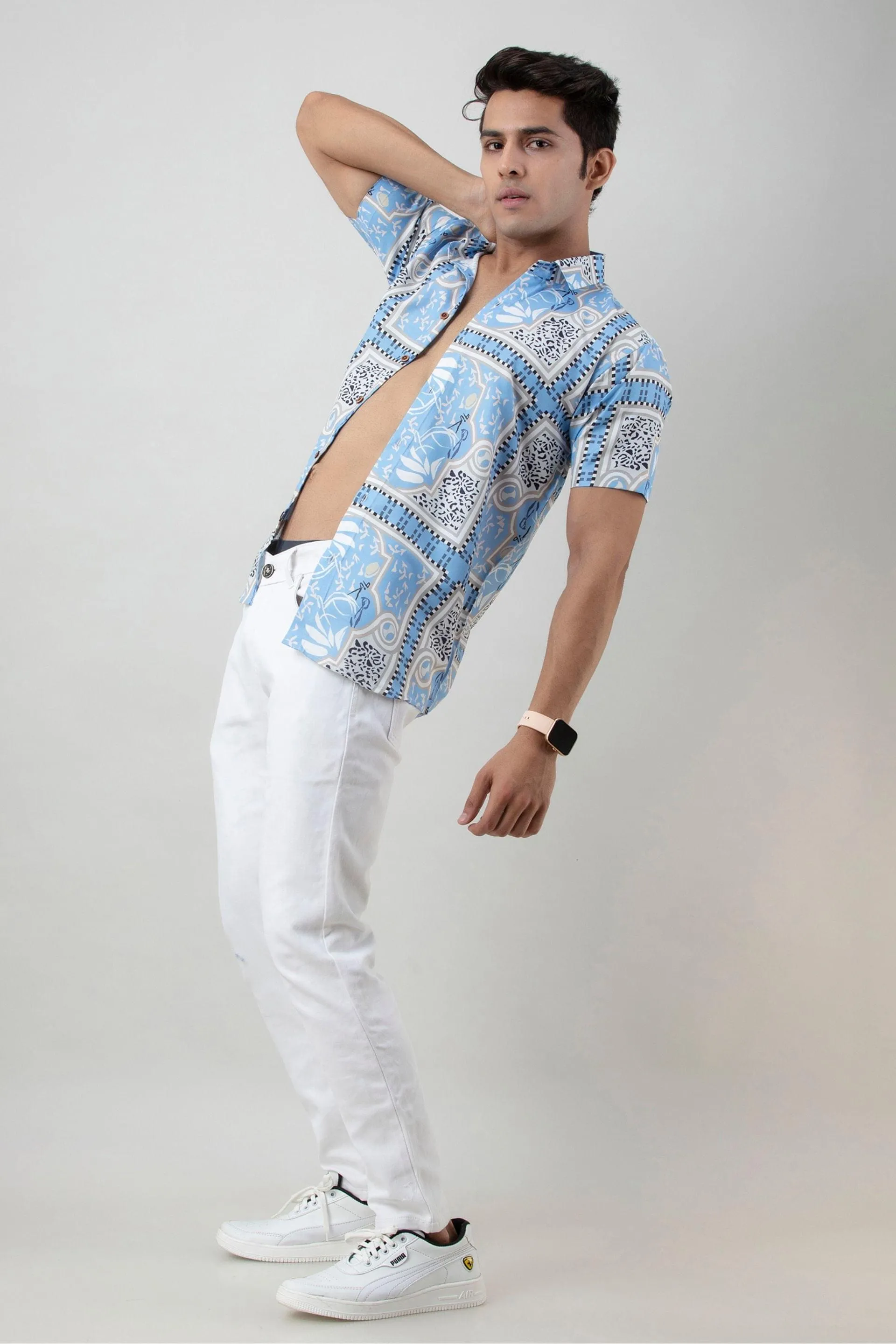 Firangi Yarn Cielo Blue Printed Casual Shirt