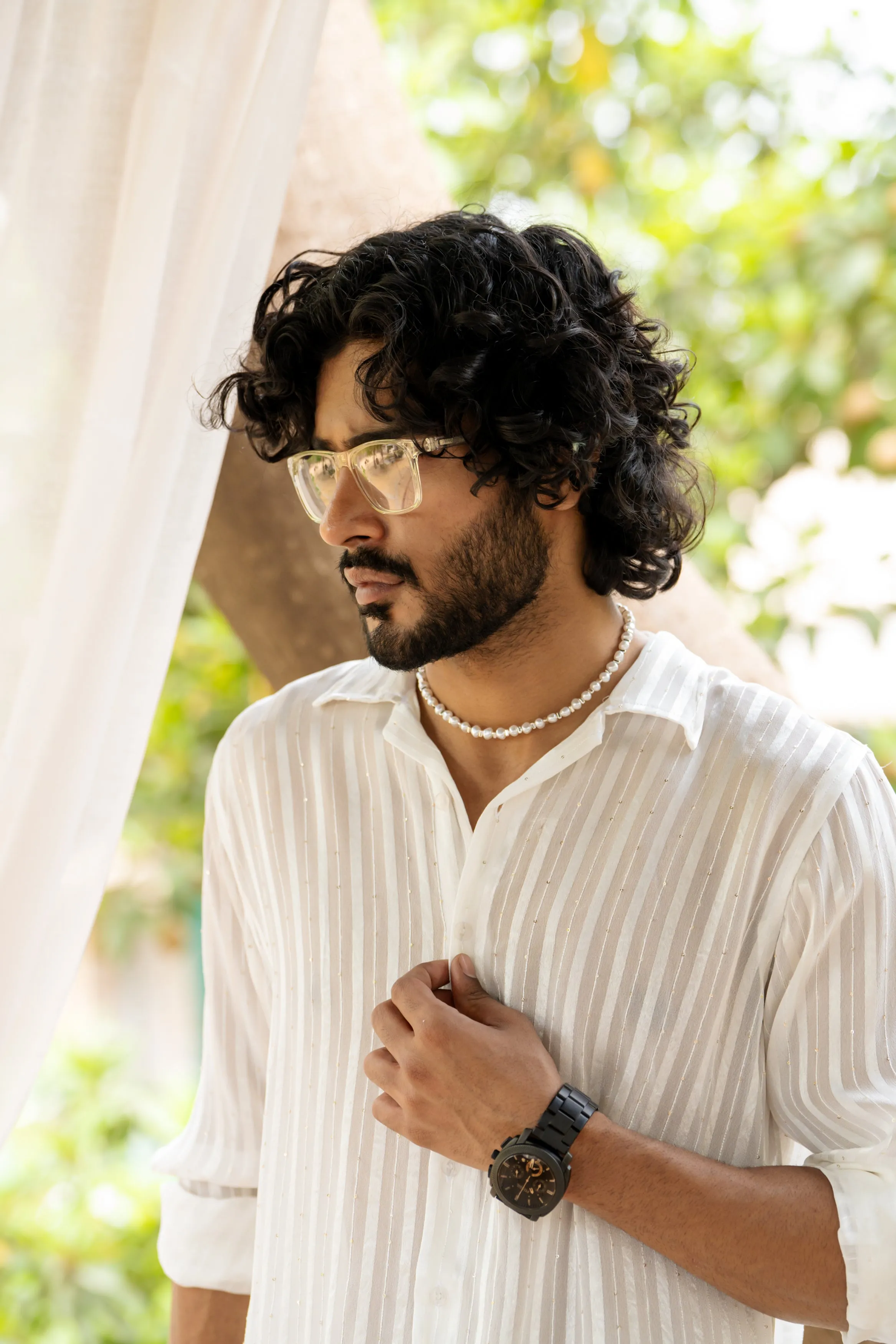 Firangi Yarn Relaxed Spread Collar Semi Sheer Satin Striped Mens Party Shirt - White