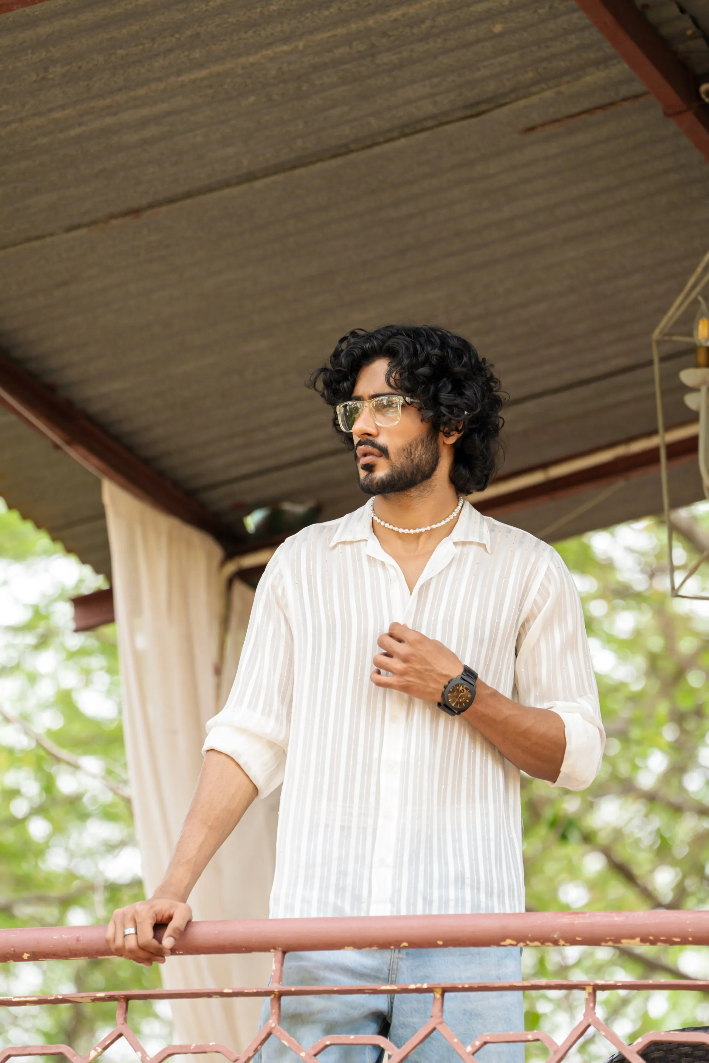 Firangi Yarn Relaxed Spread Collar Semi Sheer Satin Striped Mens Party Shirt - White
