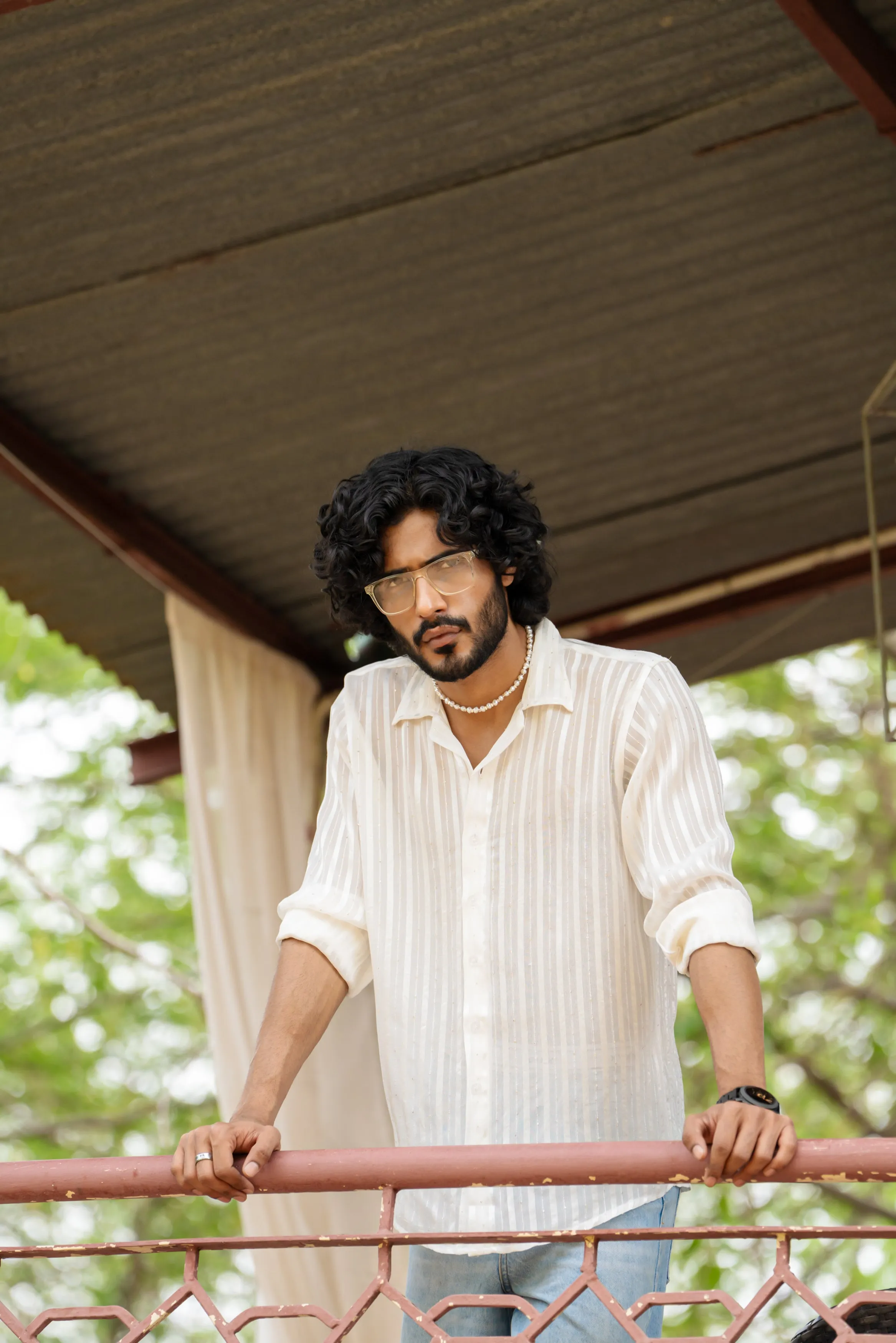 Firangi Yarn Relaxed Spread Collar Semi Sheer Satin Striped Mens Party Shirt - White
