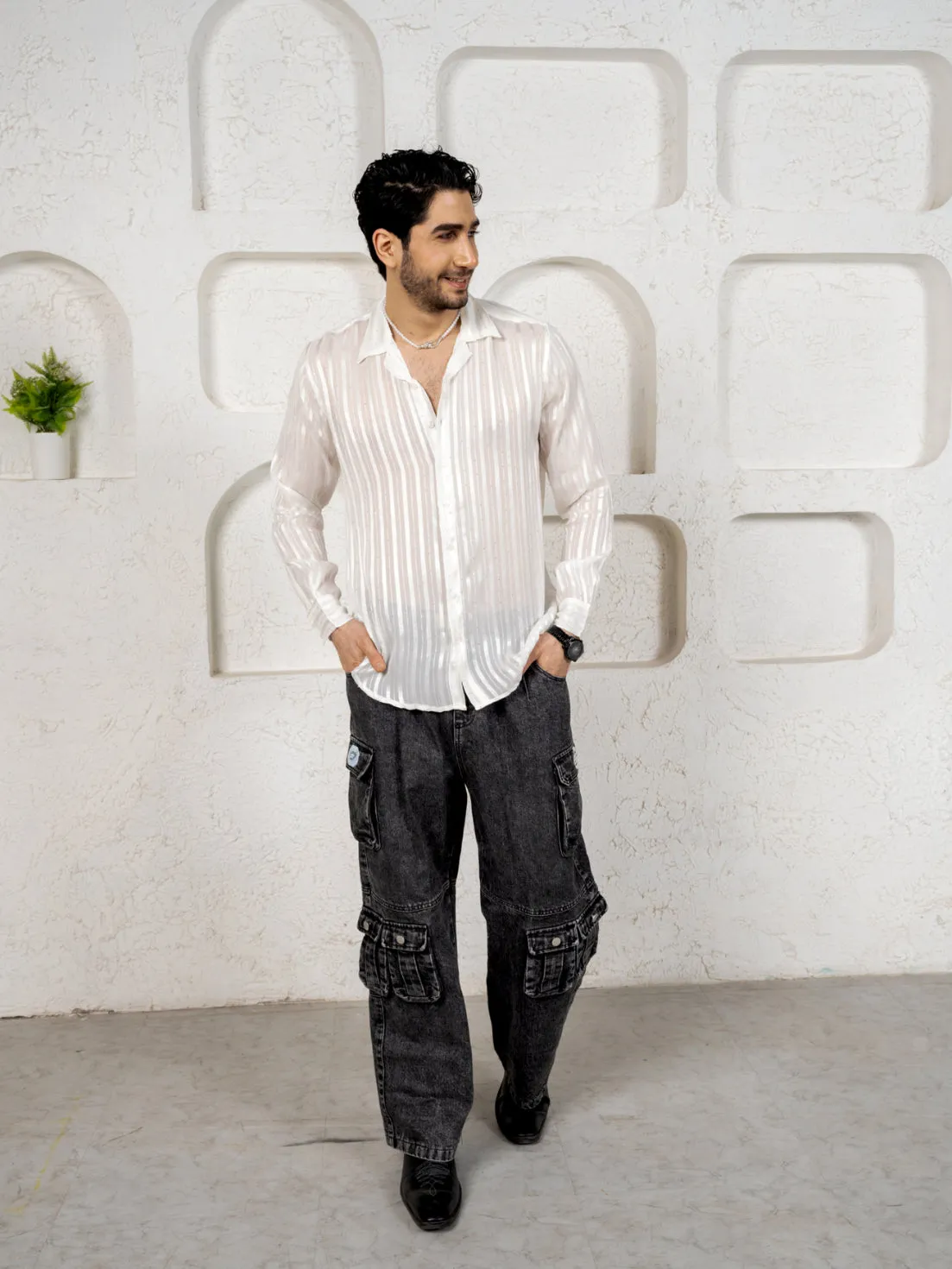 Firangi Yarn Relaxed Spread Collar Semi Sheer Satin Striped Mens Party Shirt - White