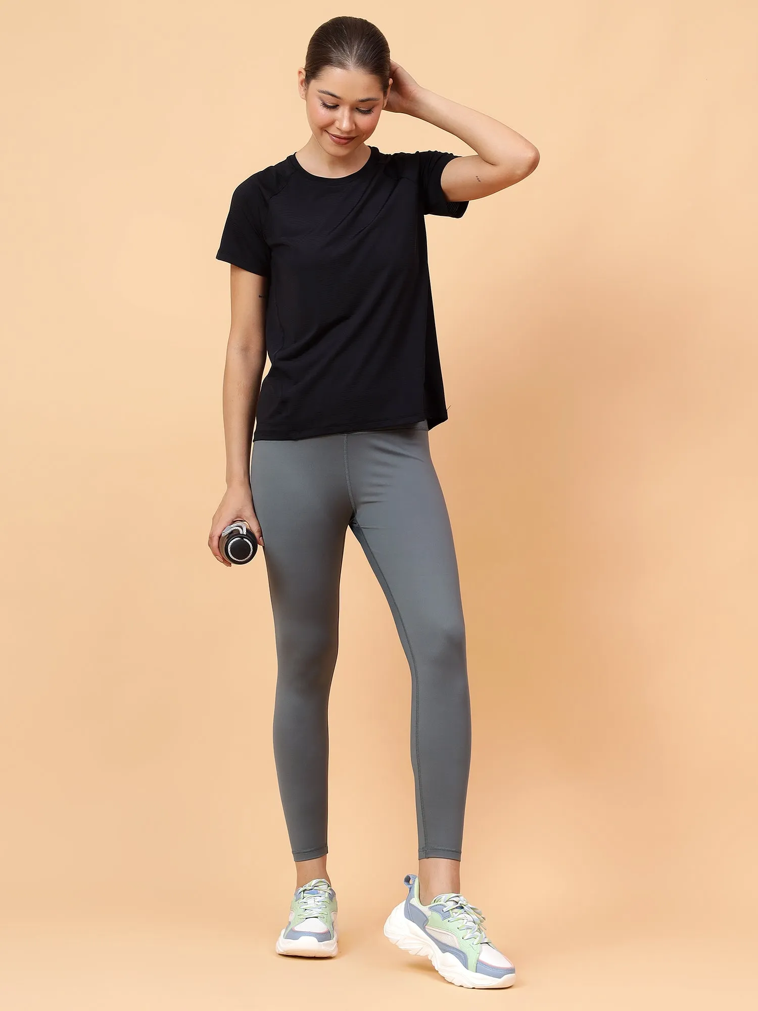 Fitkin Women Black Self Stripe Round Neck Tshirt