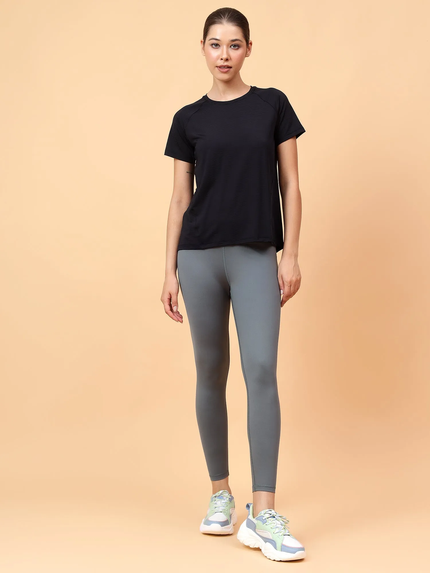 Fitkin Women Black Self Stripe Round Neck Tshirt