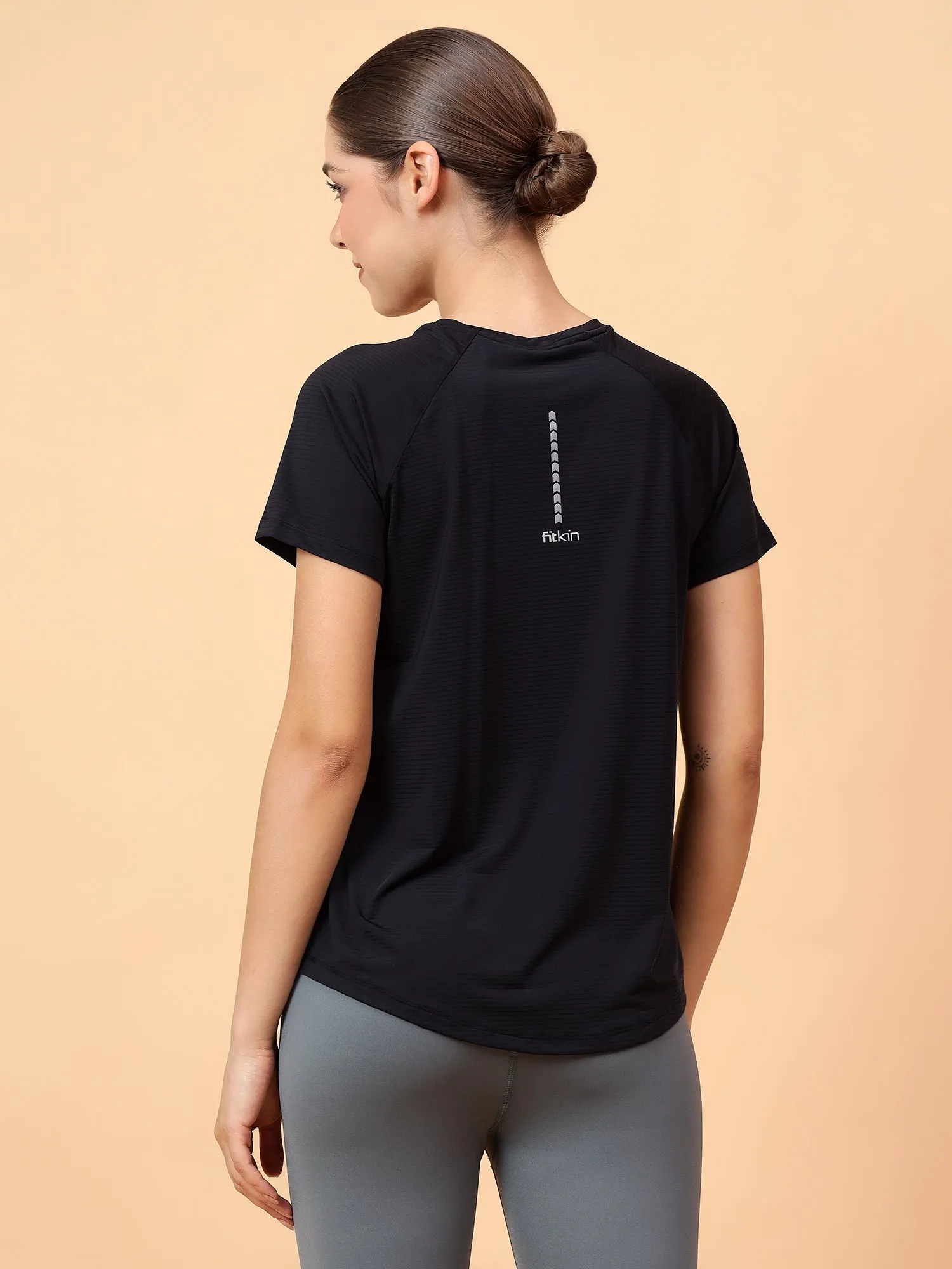 Fitkin Women Black Self Stripe Round Neck Tshirt