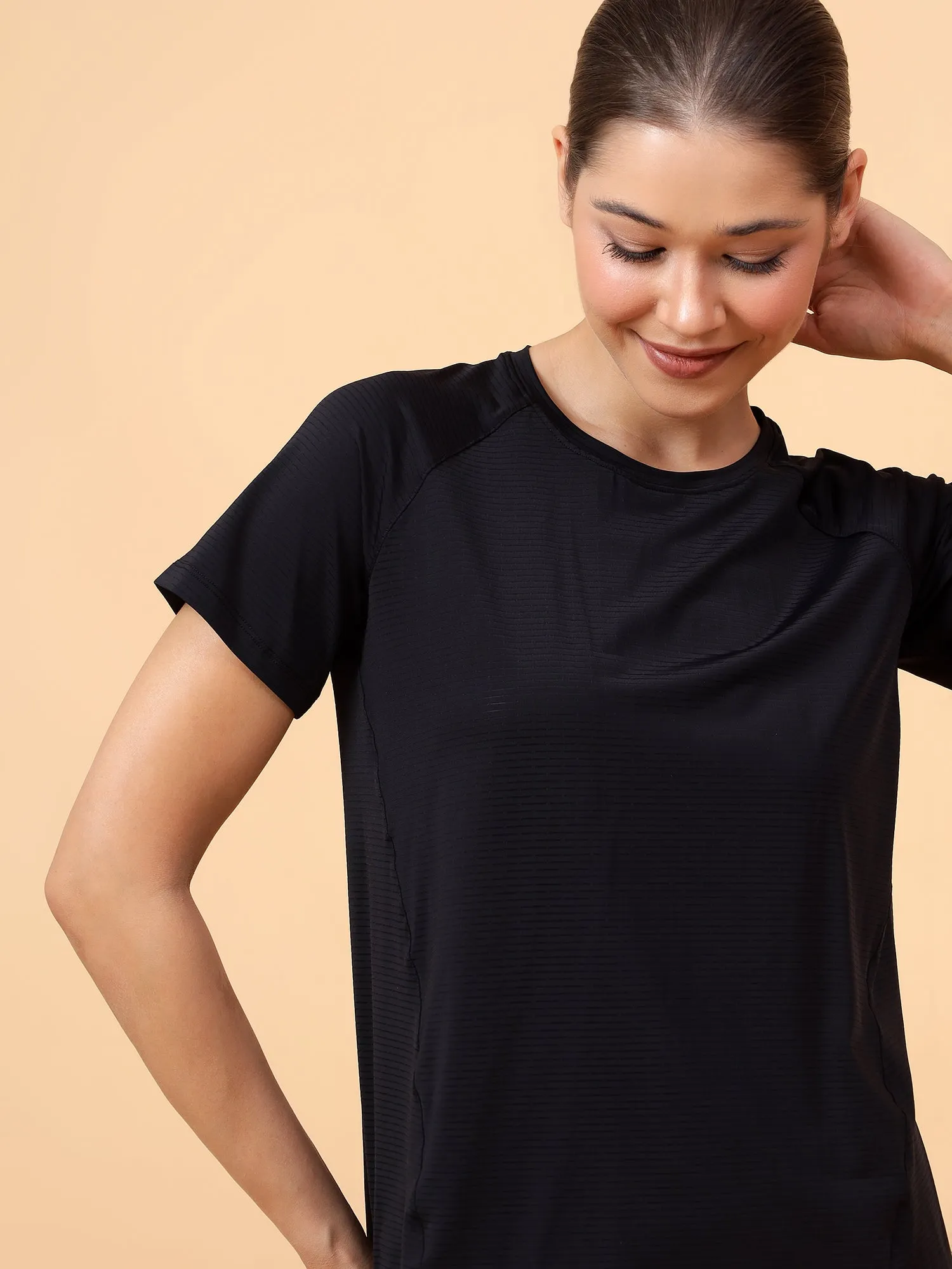 Fitkin Women Black Self Stripe Round Neck Tshirt