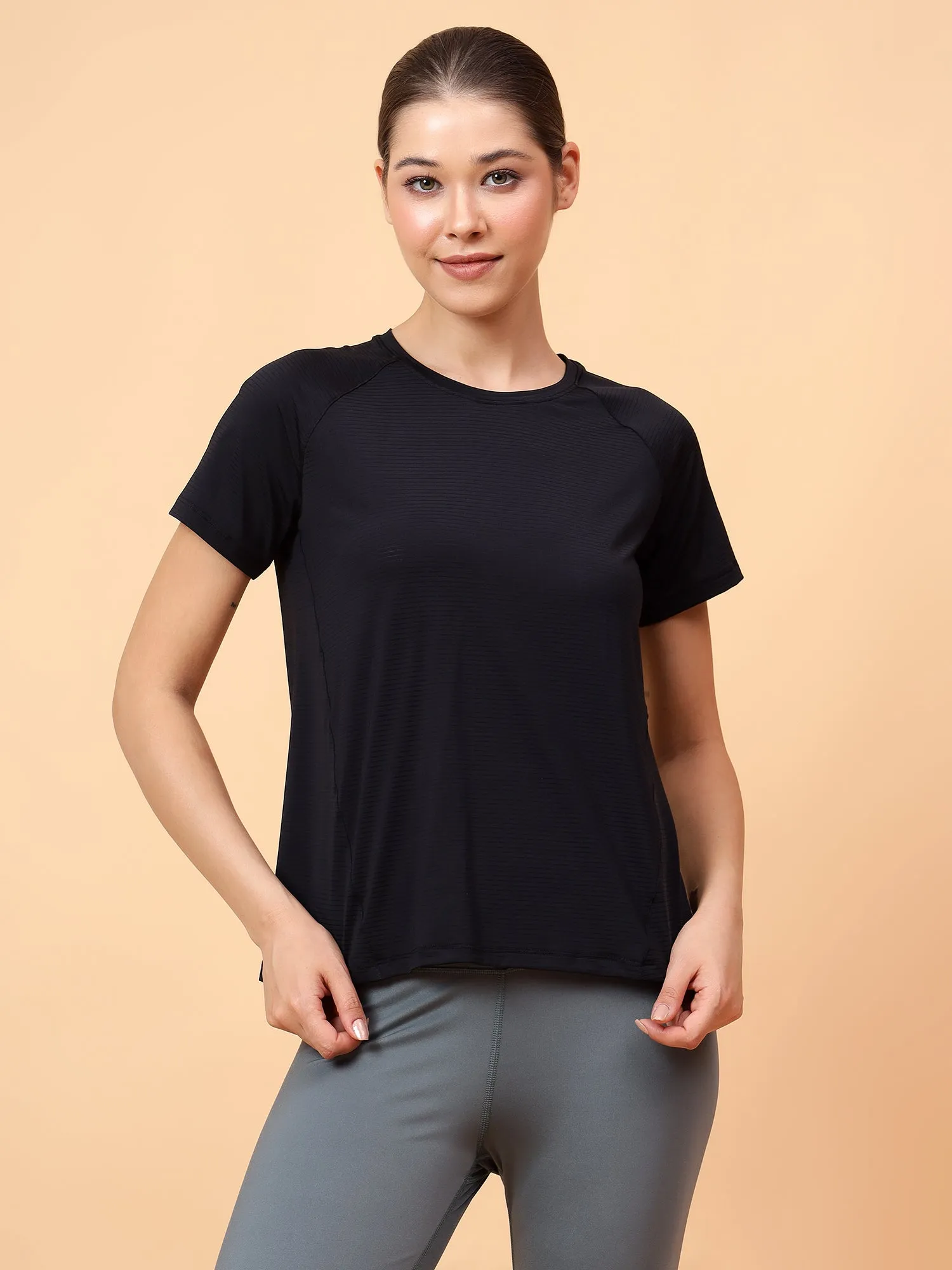 Fitkin Women Black Self Stripe Round Neck Tshirt
