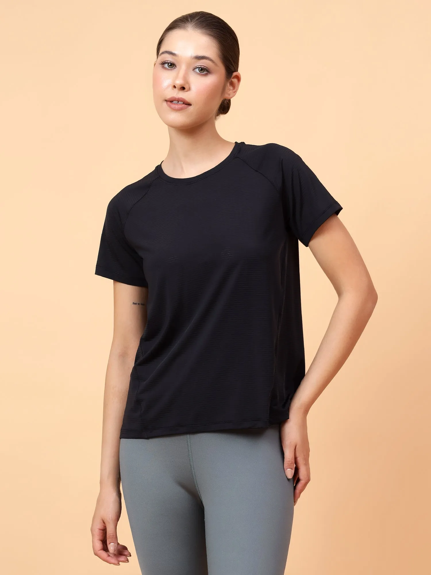 Fitkin Women Black Self Stripe Round Neck Tshirt